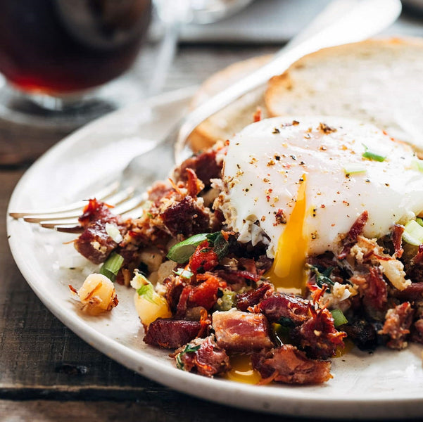 Corned Beef Hash Homemade with Poached Eggs