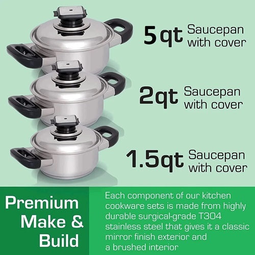 7-Ply 7 Pc. Waterless Greaseless Cookware Set Vented Lids Magnetic T304  Stainless Steel