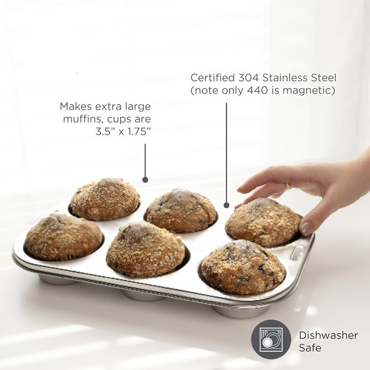 Muffin Pan Set Includes 12-Cup Regular and 6-Cup Extra-Large Stainless Steel