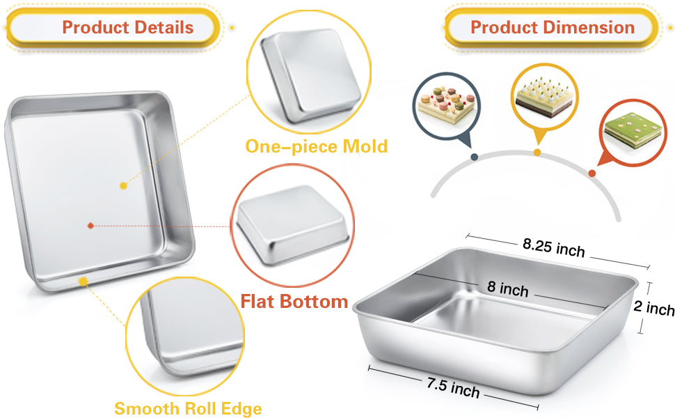 E-far 8 x 8-Inch Baking Pan with lid, Square Cake Brownie Baking Pans  Stainless Steel Bakeware Set of 2, Non-toxic & Healthy, Easy Clean &  Dishwasher