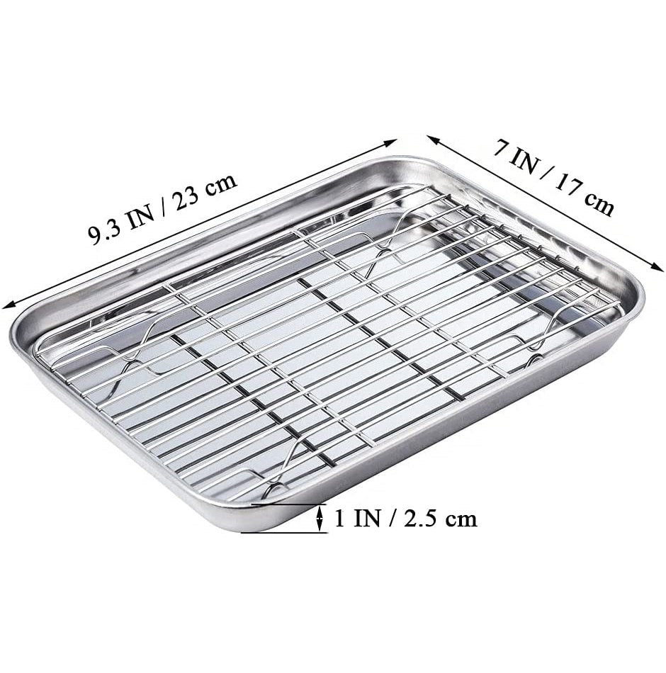 2PCS Small Stainless Steel Baking Sheets,Mini Cookie Sheets,Toaster Oven  Tray Pan & Rectangle Size 9 x 7 x 1 inch Non Toxic & Healthy,Superior  Mirror Finish & Easy Clean,Dishwasher Safe 
