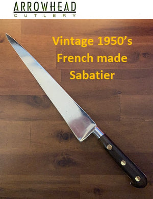 Vintage 1950’s French made Sabatier 14-inch forged Chef Knife with 9-inch blade olive wood handles, brass rivets and Leather Sheath.
