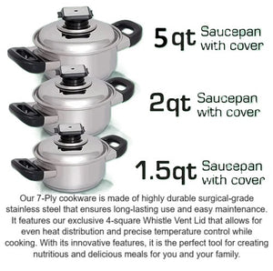 7-Ply 6 Pc. Waterless Cookware Set with Steam Control Vent Knob T304 Stainless Steel