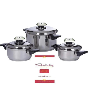 7-Ply 6 Pc. WATERLESS COOKWARE Set with Vented Lids 430 Magnetic and T304 Stainless Steel.