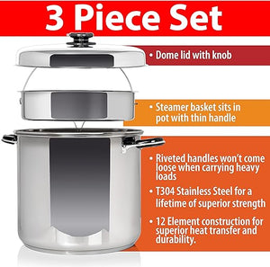 7-Ply 30 Qt. STOCKPOT with Steam Control and Culinary Basket Magnetic T304 Stainless Steel