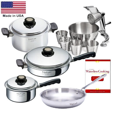 14 Pc Waterless Cookware Set Vented Lids 430 Induction Ready Stainless Steel Made in USA