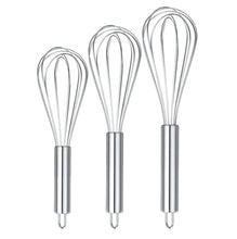 Load image into Gallery viewer, 3-Pc Stainless Steel WHISKS 8&quot;, 10&quot;, 12&quot; Cooking, Blending, Stirring, and Baking