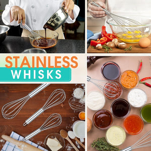 3-Pc Stainless Steel WHISKS 8", 10", 12" Cooking, Blending, Stirring, and Baking