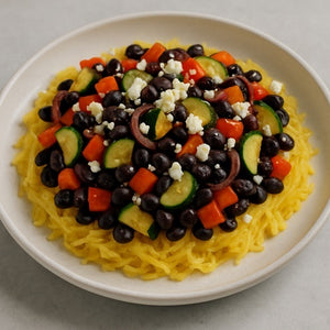 Sauteed Vegetables with Black Beans over Spaghetti Squash topped with Feta