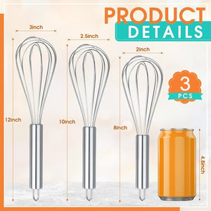 3-Pc Stainless Steel WHISKS 8", 10", 12" Cooking, Blending, Stirring, and Baking
