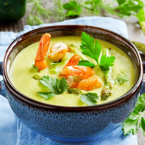 Cream of Asparagus Soup with Grilled Shrimp