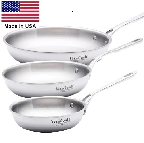 Gourmet Trio 7, 9, and 11-inch Gourmet Skillet Set 430 Magnetic Stainless Steel Made in USA