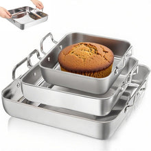 Load image into Gallery viewer, Set of 3 Square 18/0 Stainless Steel Cake Pans with Handles 6&quot;, 8&quot;, 10&quot; (2&quot; Deep)