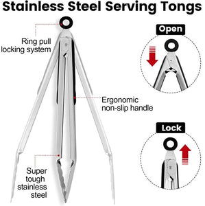 3-Piece Stainless Steel Kitchen TONG SET - 3 versatile sizes—7, 9, and 12-inch