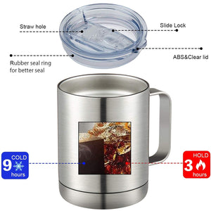 CLOSEOUT 16 LEFT - 12-oz. COFFEE MUG with Handle and BPA Free Sliding Lid 304 Double Wall Stainlless Sterl