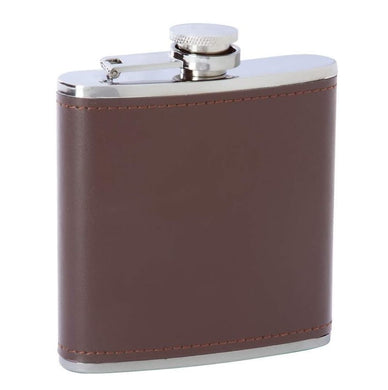 SOLD OUT - 6 oz. Ladies Stainless Steel FLASK With Brown Genuine Leather Wrap - Purse Size