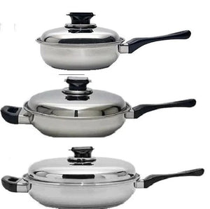 7-Ply 6 Pc. Gourmet SKILLET Set with Vented Lids Magnetic T304 Surgical Stainless Steel