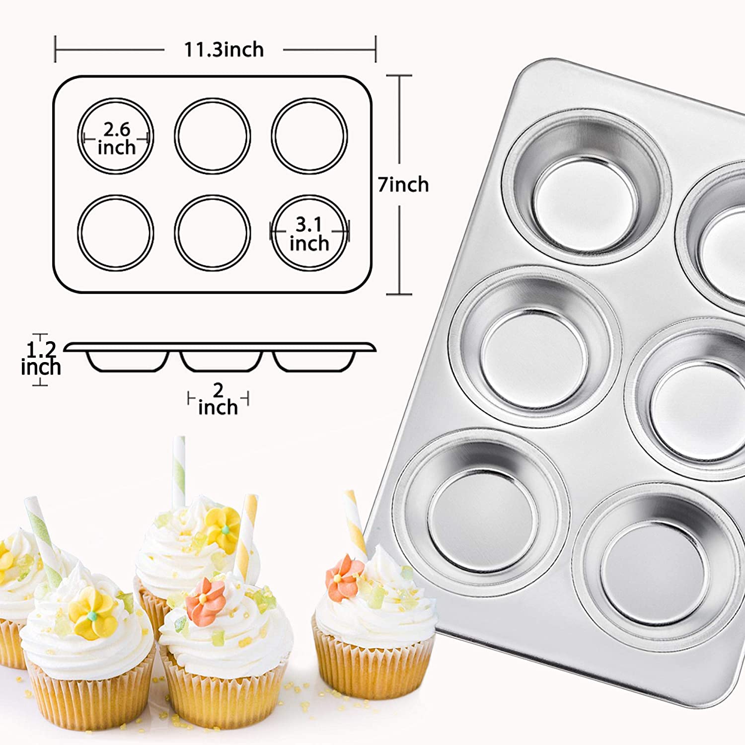 P&P CHEF Muffin Pan Cupcake Pans Set of 2, Stainless Steel Muffin Pans  (6-Cups), For Mini Brownie Tart Quiches, Healthy & Durable, Quick Release 