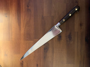 ONLY 1 AVAILABLE - Vintage 1950’s French made Sabatier 14-inch forged Chef Knife with 9-inch blade olive wood handles, brass rivets and Leather Sheath.