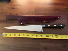 Load image into Gallery viewer, ONLY 1 AVAILABLE - Vintage 1950’s French made Sabatier 14-inch forged Chef Knife with 9-inch blade olive wood handles, brass rivets and Leather Sheath.