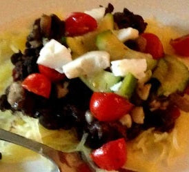 Sauteed Vegetables with Black Beans over Spaghetti Squash topped with Feta