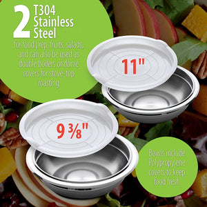 Two MIXING BOWLS with BPA Free Lids Double Boiler 304 Stainless Steel