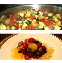 Load image into Gallery viewer, Sauteed Vegetables with Black Beans over Spaghetti Squash topped with Feta